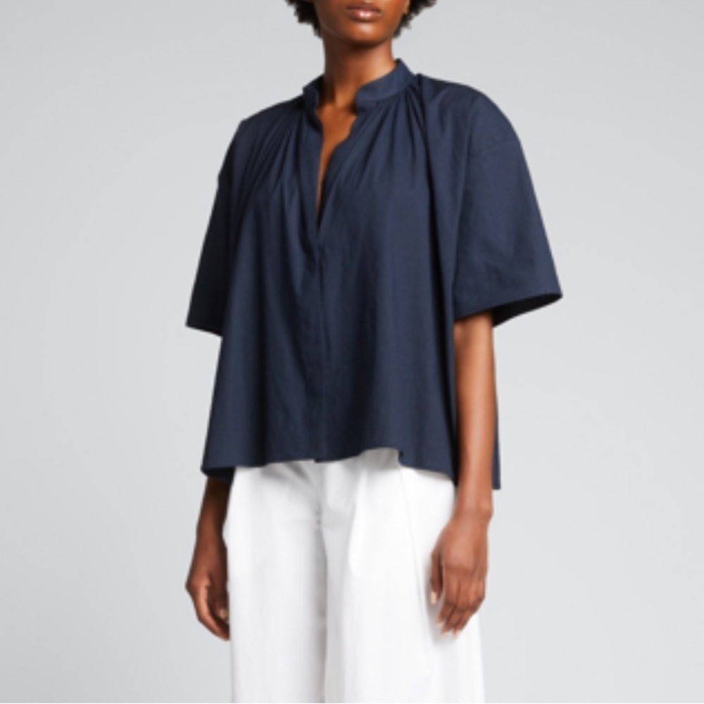 Vince Short Sleeve Shirred Band Collar Blouse Small
